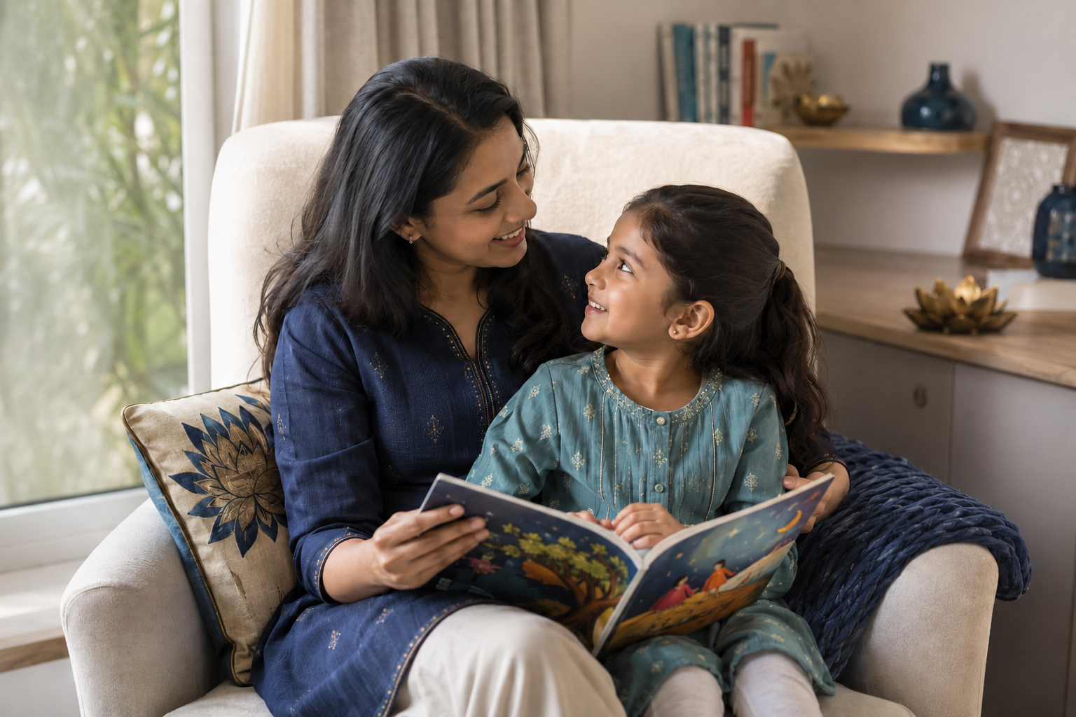 A mother and child sharing an illustrated story in a warm reading corner