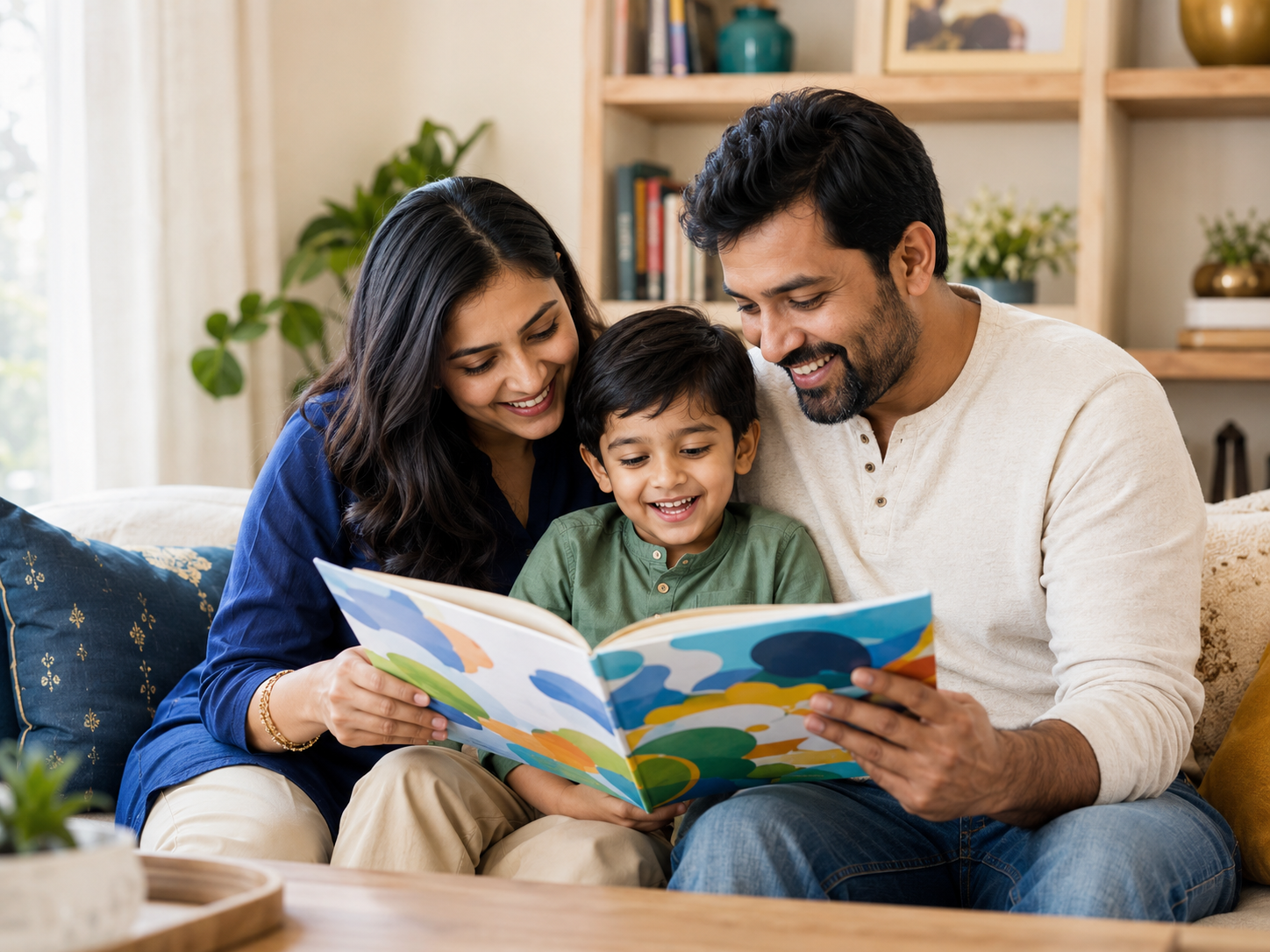 Parents and their young child reading a picture book together at home
