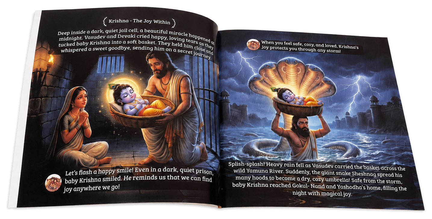 Complete two-page Krishna story spread from Little Four Heroes
